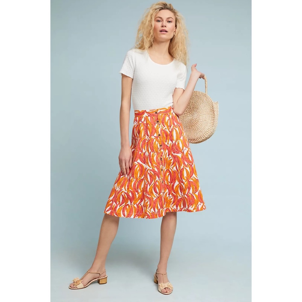 Anthropologie Maeve button up Banana Grove Denim midi skirt Aline Skirt Size 8